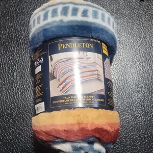 Pendleton Blue and Red Saltillo Stripes Faux Fur Luxe Blanket - Queen